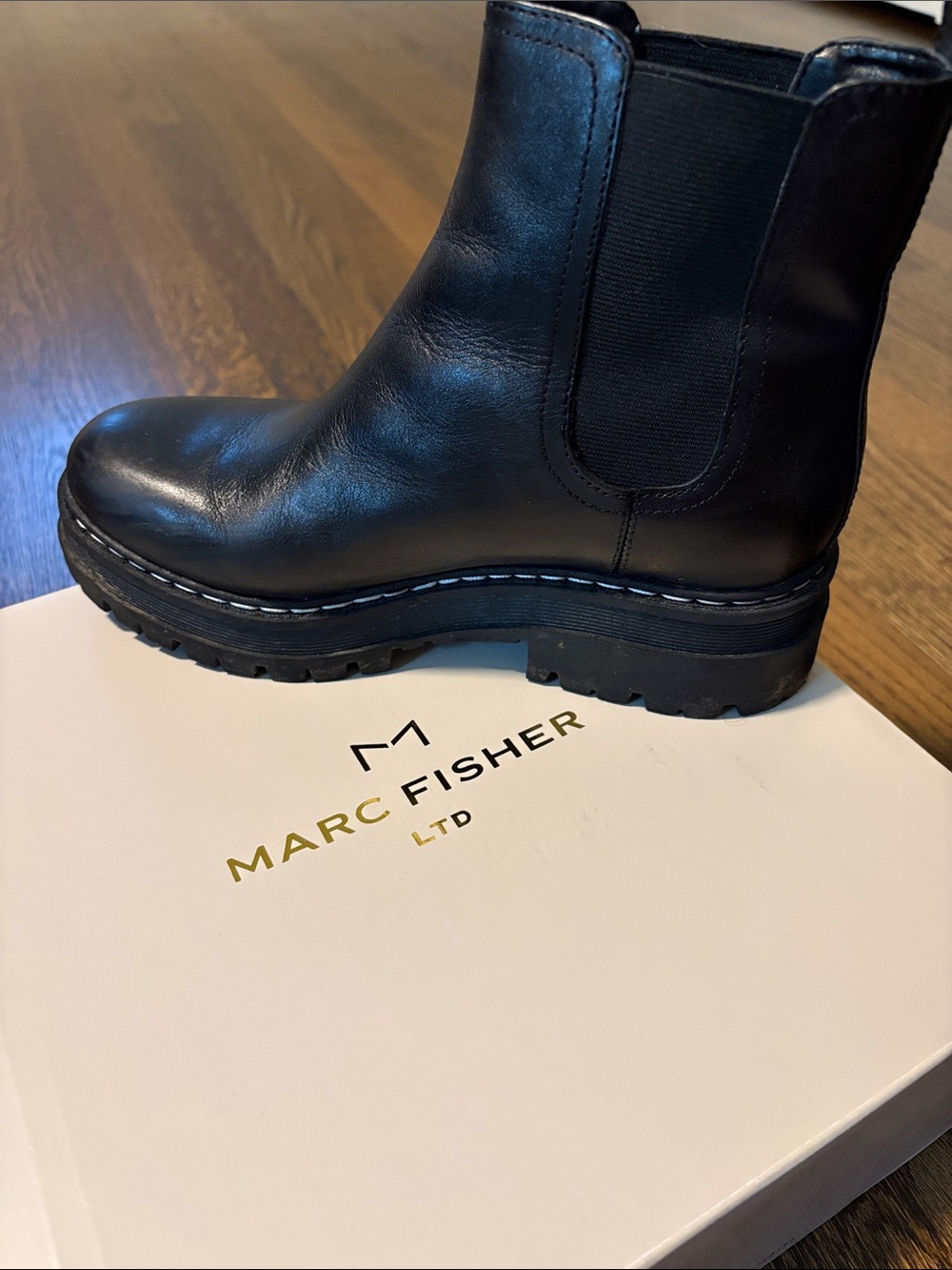 Marc Fisher Black Leather Chelsea Lug Booties